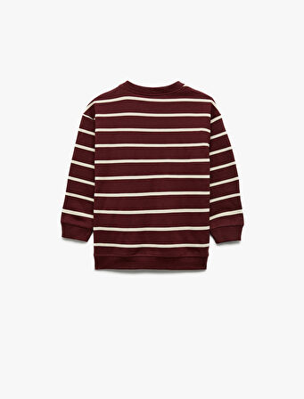 Şardonlu Ayıcık Baskılı Uzun Kollu Bisiklet Yaka Çizgili Sweatshirt