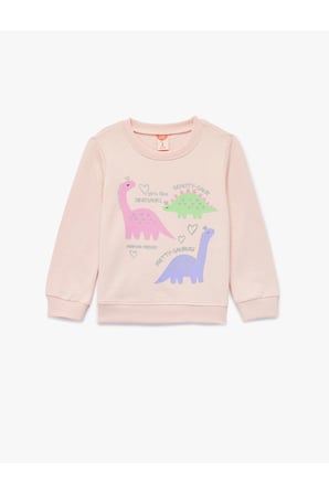 Koton Kız Bebek Uzun Kollu Bisiklet Yaka Dinozor Baskılı Şardonlu Pamuklu Sweatshirt