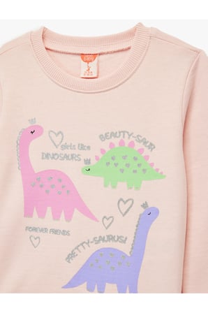 Koton Kız Bebek Uzun Kollu Bisiklet Yaka Dinozor Baskılı Şardonlu Pamuklu Sweatshirt