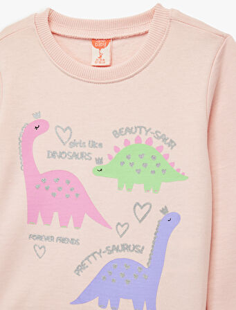Uzun Kollu Bisiklet Yaka  Dinozor Baskılı Şardonlu Pamuklu Sweatshirt