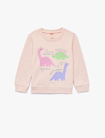 Uzun Kollu Bisiklet Yaka  Dinozor Baskılı Şardonlu Pamuklu Sweatshirt