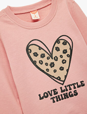 Pamuklu Uzun Kollu Bisiklet Yaka Kalp Baskılı Sweatshirt