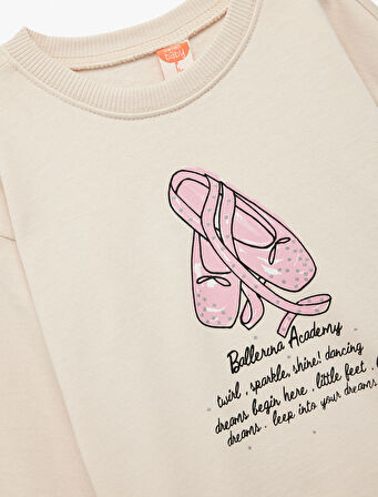 Uzun Kollu Bisiklet Yaka Pamuklu Baskılı Sweatshirt