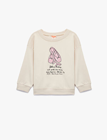 Uzun Kollu Bisiklet Yaka Pamuklu Baskılı Sweatshirt