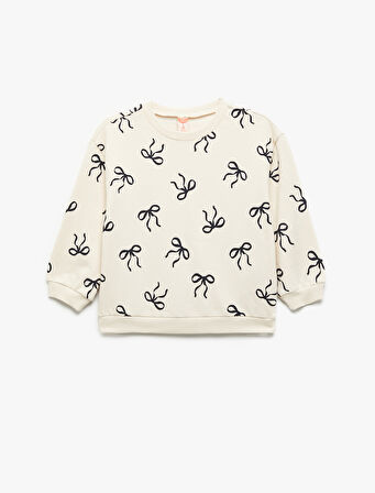 Fiyonk Baskılı Uzun Kollu Bisiklet Yaka Pamuklu Sweatshirt