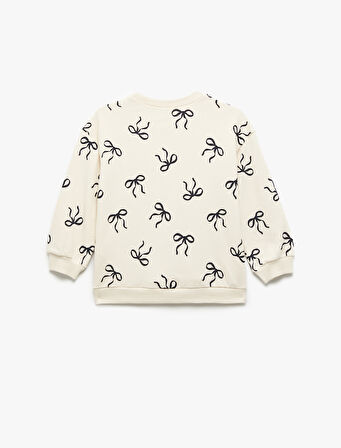 Fiyonk Baskılı Uzun Kollu Bisiklet Yaka Pamuklu Sweatshirt