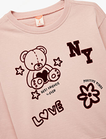 Ayıcık Baskılı Uzun Kollu Bisiklet Yaka Pamuklu Sweatshirt