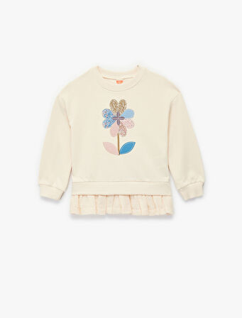 Pamuklu Uzun Kollu Bisiklet Yaka Çiçek Desenli Sweatshirt