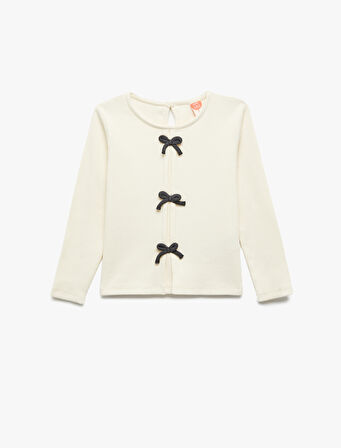 Fiyonklu Bisiklet Yaka Uzun Kollu Pamuklu Tişört