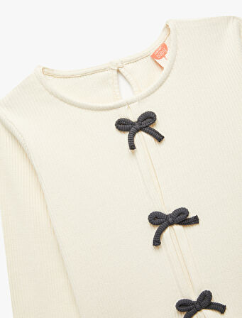 Fiyonklu Bisiklet Yaka Uzun Kollu Pamuklu Tişört