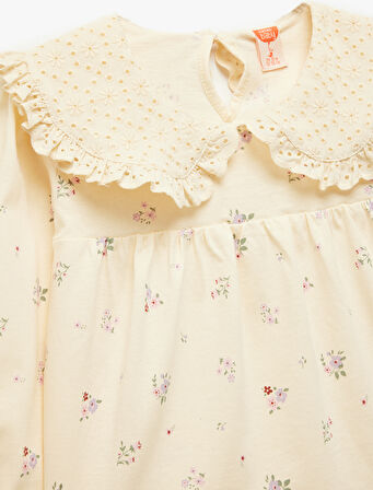 Pamuklu Uzun Kollu Çiçek Desenli Bebe Yaka Tişört