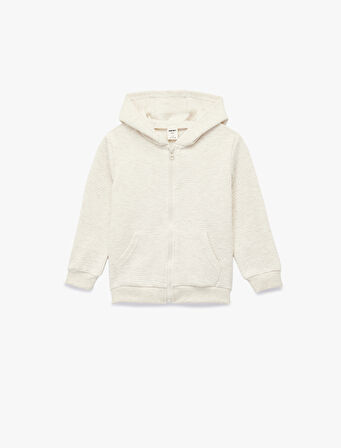 Kapşonlu Dokulu Uzun Kollu Fermuarlı Sweatshirt
