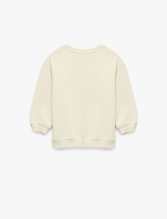 Şardonlu Uzun Kollu Bisiklet Yaka Kalp Baskılı Çiçek Aplikeli Pamuklu Sweatshirt