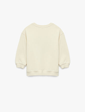 Şardonlu Uzun Kollu Bisiklet Yaka Kalp Baskılı Çiçek Aplikeli Pamuklu Sweatshirt