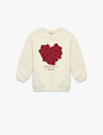 Şardonlu Uzun Kollu Bisiklet Yaka Kalp Baskılı Çiçek Aplikeli Pamuklu Sweatshirt
