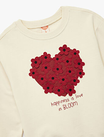 Şardonlu Uzun Kollu Bisiklet Yaka Kalp Baskılı Çiçek Aplikeli Pamuklu Sweatshirt