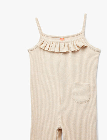 Viskon Karışımlı Fırfır Detaylı Cepli İnce Askılı Tulum