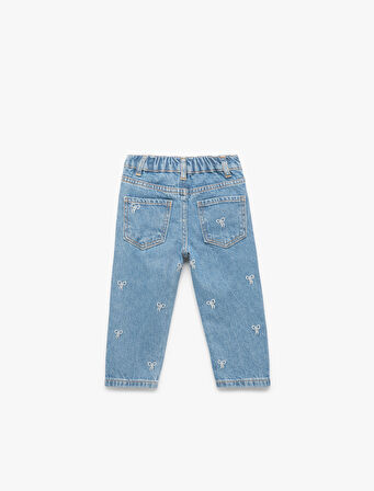 Nakış Detaylı Cepli Pamuklu Denim Pantolon