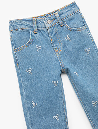 Nakış Detaylı Cepli Pamuklu Denim Pantolon