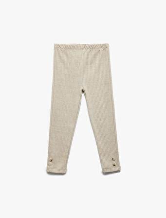 Düğme Detaylı Balıksırtı Desenli Beli Lastikli Uzun Tayt