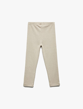 Düğme Detaylı Balıksırtı Desenli Beli Lastikli Uzun Tayt