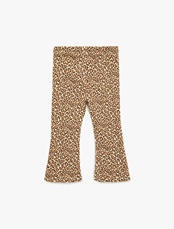 Leopar Desenli Beli Lastikli Pamuklu İspanyol Paça Tayt