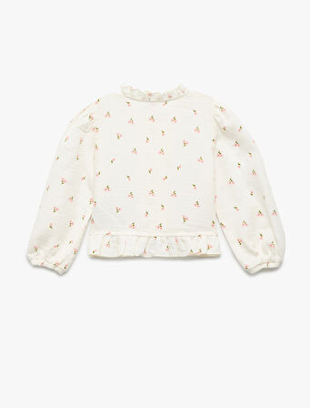 Pamuklu Bisiklet Yaka Fırfırlı Uzun Kollu Çiçekli Bluz