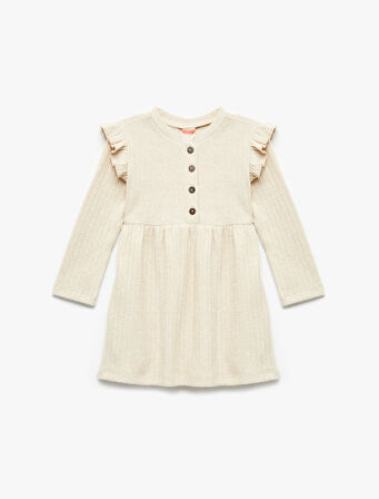 Fırfır Detaylı Düğmeli Uzun Kollu Bisiklet Yaka Elbise