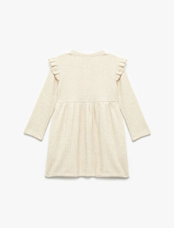 Fırfır Detaylı Düğmeli Uzun Kollu Bisiklet Yaka Elbise