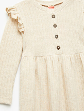 Fırfır Detaylı Düğmeli Uzun Kollu Bisiklet Yaka Elbise