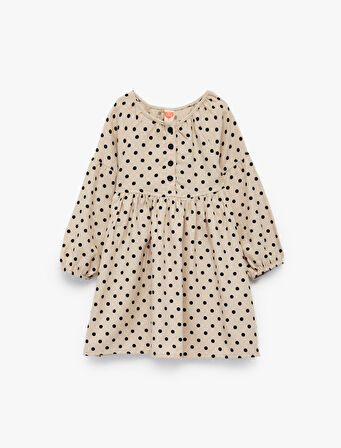 Pamuklu Uzun Kollu Puantiyeli Düğmeli Volanlı Bebe Yaka Mini Elbise