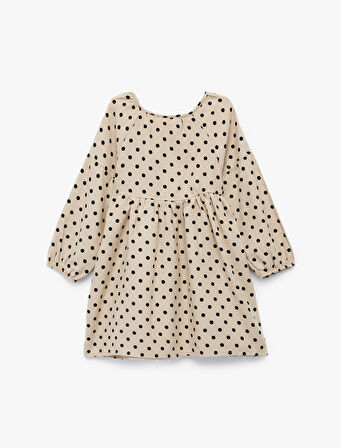 Pamuklu Uzun Kollu Puantiyeli Düğmeli Volanlı Bebe Yaka Mini Elbise