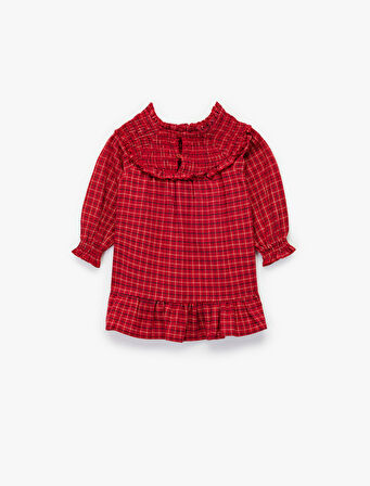 Pamuklu Fırfırlı Yaka Uzun Kollu Ekose Elbise