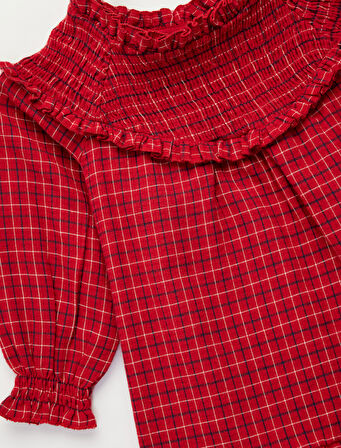 Pamuklu Fırfırlı Yaka Uzun Kollu Ekose Elbise