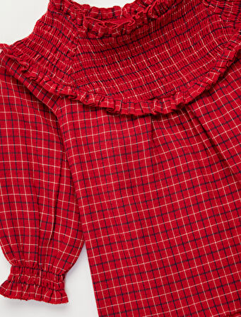 Pamuklu Fırfırlı Yaka Uzun Kollu Ekose Elbise