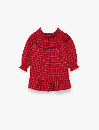 Pamuklu Fırfırlı Yaka Uzun Kollu Ekose Elbise