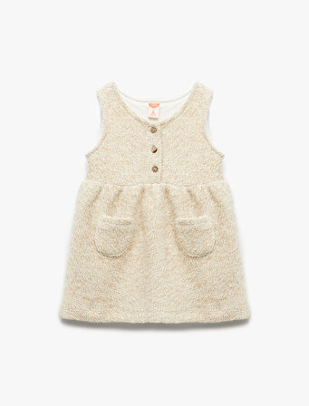 Düğmeli Cep Detaylı Bisiklet Yaka Kolsuz Jile Elbise