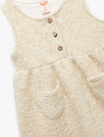 Düğmeli Cep Detaylı Bisiklet Yaka Kolsuz Jile Elbise