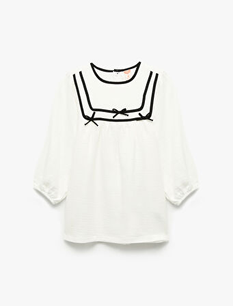 Pamuklu Fiyonk Detaylı Bisiklet Yaka Uzun Kollu Elbise