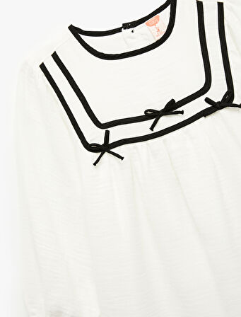 Pamuklu Fiyonk Detaylı Bisiklet Yaka Uzun Kollu Elbise