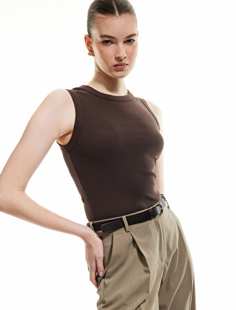 Slim Fit Pamuklu Bisiklet Yaka Kolsuz Fitilli Body