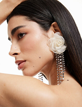 Büyük Boy Sallantılı Taş Detaylı Çiçek Küpe