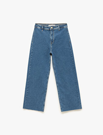 Geniş Kesik Paça Düğmeli Normal Bel Kot Pantolon - Culotte Jean