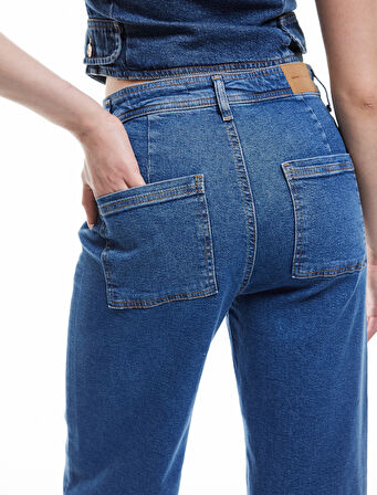 Geniş Kesik Paça Düğmeli Normal Bel Kot Pantolon - Culotte Jean