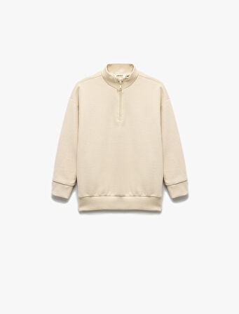Dik Yaka Yarım Fermuarlı Uzun Kollu Basic Sweatshirt