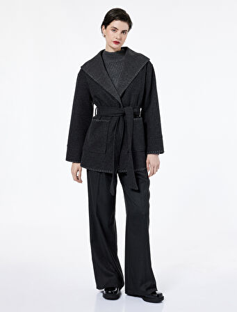 Çoban Dikiş Detaylı Kemerli Cepli Uzun Kollu Kaşe Mont