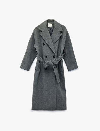 Uzun Kollu Düğmeli Cepli Kruvaze Uzun Kemerli Kaşe Kaban