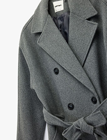 Uzun Kollu Düğmeli Cepli Kruvaze Uzun Kemerli Kaşe Kaban