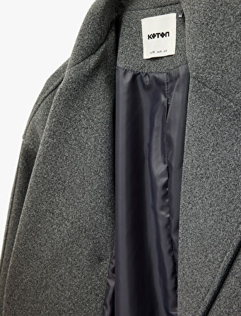 Uzun Kollu Düğmeli Cepli Kruvaze Uzun Kemerli Kaşe Kaban