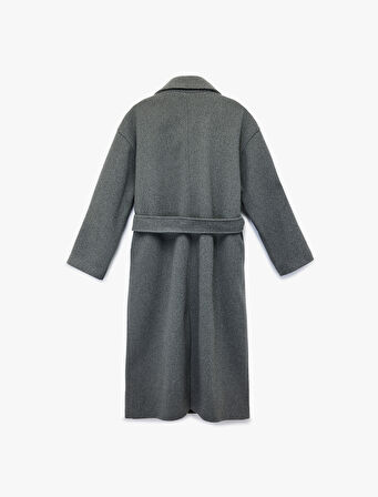 Uzun Kollu Düğmeli Cepli Kruvaze Uzun Kemerli Kaşe Kaban